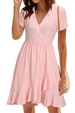 ULTRANICE Damen Einfarbig Sommerkleider Kurzarm Kleid V-Ausschnitt Strandkleid Rüschen Freizeitkleid(Pink-3146,X-Groß) von ULTRANICE