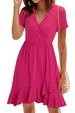 ULTRANICE Damen Einfarbig Sommerkleider Kurzarm Kleid V-Ausschnitt Strandkleid Rüschen Freizeitkleid(Rosa-3146,Groß) von ULTRANICE
