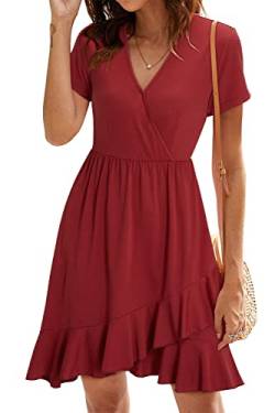 ULTRANICE Damen Einfarbig Sommerkleider Kurzarm Kleid V-Ausschnitt Strandkleid Rüschen Freizeitkleid(Wein,Groß) von ULTRANICE