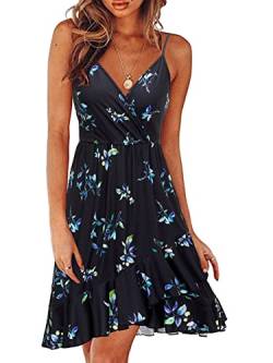 ULTRANICE Damen Sommerkleider Blumenmuster Kleid V-Ausschnitt Strandkleid Verstellbaren Spaghettiträger Rüschen Freizeitkleid(Floral-35,Groß) von ULTRANICE