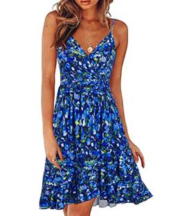 ULTRANICE Damen Sommerkleider Blumenmuster Kleid V-Ausschnitt Strandkleid Verstellbaren Spaghettiträger Rüschen Freizeitkleid(Floral-37,Groß) von ULTRANICE