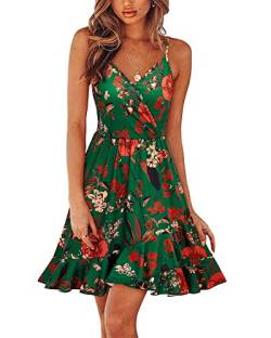 ULTRANICE Damen Sommerkleider Blumenmuster Kleid V-Ausschnitt Strandkleid Verstellbaren Spaghettiträger Rüschen Freizeitkleid(Floral-45,X-Groß) von ULTRANICE