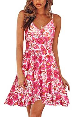 ULTRANICE Damen Sommerkleider Blumenmuster Kleid V-Ausschnitt Strandkleid Verstellbaren Spaghettiträger Rüschen Freizeitkleid(Floral-48,X-Groß) von ULTRANICE