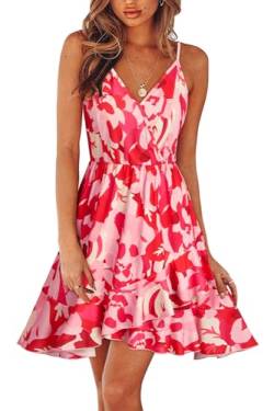 ULTRANICE Damen Sommerkleider Blumenmuster Kleid V-Ausschnitt Strandkleid Verstellbaren Spaghettiträger Rüschen Freizeitkleid(Floral-52,Medium) von ULTRANICE