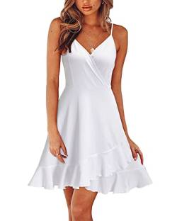 ULTRANICE Damen Sommerkleider Weiß Kleid V-Ausschnitt Strandkleid Verstellbaren Spaghettiträger Rüschen Freizeitkleid(Weiß,XX-Groß) von ULTRANICE