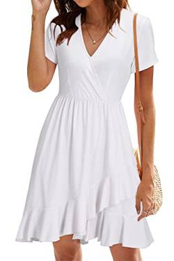 ULTRANICE Damen Weiß Sommerkleider Kurzarm Kleid V-Ausschnitt Strandkleid Rüschen Freizeitkleid(Weiß-3146,Groß) von ULTRANICE