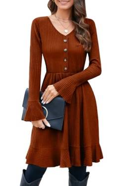 ULTRANICE Strickkleid Damen Herbstkleid Winterkleid V Ausschnitt Pulloverkleid mit Deko Knopf Herbst Winter Kleid (Brown, XL) von ULTRANICE