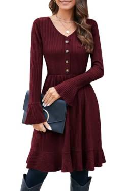 ULTRANICE Strickkleid Damen Herbstkleid Winterkleid V Ausschnitt Pulloverkleid mit Deko Knopf Herbst Winter Kleid (Dark Red, XL) von ULTRANICE