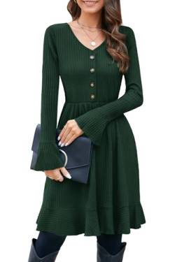 ULTRANICE Strickkleid Damen V Ausschnitt Herbst Winter Kleid mit Deko Knopf Pulloverkleid Herbstkleid Winterkleid (Grün, S) von ULTRANICE