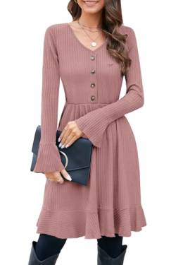 ULTRANICE Strickkleid Damen V Ausschnitt Herbst Winter Kleid mit Deko Knopf Pulloverkleid Herbstkleid Winterkleid (Pink, M) von ULTRANICE
