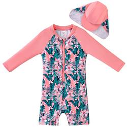 UMELOK Baby Badeanzug mit Sonnenhut UV Schutz Badebekleidung Tropische Pflanze, rosa 9-12 Monate/74-80cm von UMELOK