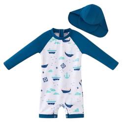 UMELOK Baby Jungen Badeanzug UV Schutz 50+ Einteilige Schwimmanzug Mit Sonnenhut (Blau Segelschiff, 12-18 Monate/80-86 cm) von UMELOK