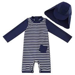 UMELOK Baby Jungen Badeanzug UV Schutz 50+ Einteilige Schwimmanzug Mit Sonnenhut (Blau Streifen, 9-12 Monate/74-80 cm) von UMELOK