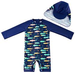 UMELOK Baby Jungen Badeanzug UV Schutz 50+ Einteilige Schwimmanzug Mit Sonnenhut (Bunte Fische, 12-18 Monate/80-86 cm) von UMELOK