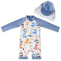 UMELOK Baby Jungen Badeanzug UV Schutz 50+ Einteilige Schwimmanzug Mit Sonnenhut (Grau Dinosaurier, 6-9 Monate/68-74 cm) von UMELOK