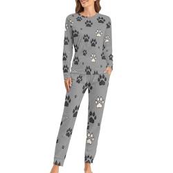 UMENG Graue Pfote Damen Schlafanzug Lange Pyjama Set Zweiteiliger Nachtwäsche Langarm Hausanzug Sleepwear von UMENG