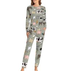 UMENG Kuh Fuchs Ziege Damen Schlafanzug Lange Pyjama Set Zweiteiliger Nachtwäsche Langarm Hausanzug Sleepwear von UMENG