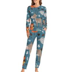 UMENG Rehfuchs Waschbär Damen Schlafanzug Lange Pyjama Set Zweiteiliger Nachtwäsche Langarm Hausanzug Sleepwear von UMENG