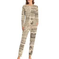 UMENG Retro-Zeitung Damen Schlafanzug Lange Pyjama Set Zweiteiliger Nachtwäsche Langarm Hausanzug Sleepwear von UMENG