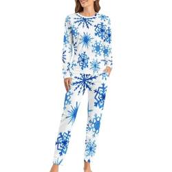 UMENG Schneeflocken Damen Schlafanzug Lange Pyjama Set Zweiteiliger Nachtwäsche Langarm Hausanzug Sleepwear von UMENG