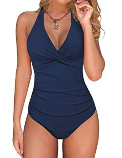 UMIPUBO Badeanzug Damen Bauchweg, Neckholder Sexy Push Up Badeanzug, Schlanker Einteiliger Badeanzug Bademode Swimsuit (Marine,XXL) von UMIPUBO