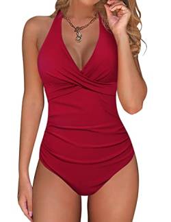 UMIPUBO Badeanzug Damen Bauchweg, Neckholder Sexy Push Up Badeanzug, Schlanker Einteiliger Badeanzug Bademode Swimsuit (Rot,L) von UMIPUBO