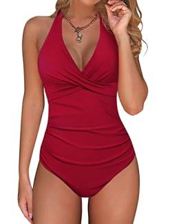 UMIPUBO Badeanzug Damen Bauchweg, Neckholder Sexy Push Up Badeanzug, Schlanker Einteiliger Badeanzug Bademode Swimsuit (Rot,M) von UMIPUBO