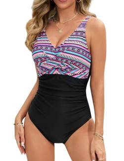 UMIPUBO Badeanzug Damen Bauchweg Push Up Bademode Sexy V Ausschnitt Monokini Große Größe One Piece Swimsuits mit Bügel Swimwear(Mehrfarbig,L) von UMIPUBO