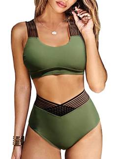 UMIPUBO Bikini Damen Bauchweg High Waist Push Up Bikini Sets Zurück kreuzen Große Brüste Bademode Sexy Badeanzug Strandbikini(Grün,XXL) von UMIPUBO