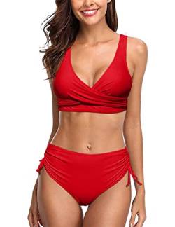 UMIPUBO Bikini Damen High Waist, Cross Back Badeanzüge Push Up Klassischer einfarbiger Badeanzug, Wickel Bikinihose Sportlich Zweiteiliger Strandbikini(Rot,M) von UMIPUBO