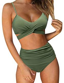 UMIPUBO Bikini Damen High Waist, Push up Badeanzug Verstellbar Crossover Zurück Ties-up Bikini Set Große Brüste Zweiteiliger Strandbikini (Grün,XL) von UMIPUBO