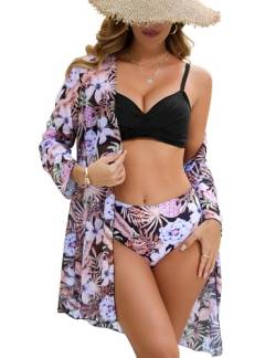 UMIPUBO Bikini Damen Set mit Kimono Sexy Push Up Bademode Bedrucktes Bikini Oberteil Große Brüste Strandmode Badeanzug Cover Up(Schwarz,S) von UMIPUBO