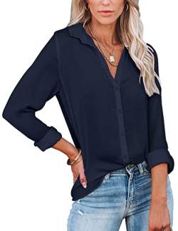 UMIPUBO Bluse Damen Elegant V-Ausschnitt Langarm Casual Shirt Geknöpftes Oberteil Fashion Arbeit Hemden Tops für Frauen (Dunkelblau,L) von UMIPUBO