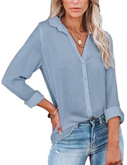 UMIPUBO Bluse Damen Elegant V-Ausschnitt Langarm Casual Shirt Geknöpftes Oberteil Fashion Arbeit Hemden Tops für Frauen (Grau,L) von UMIPUBO