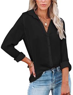 UMIPUBO Bluse Damen Elegant V-Ausschnitt Langarm Casual Shirt Geknöpftes Oberteil Fashion Arbeit Hemden Tops für Frauen (Schwarz,L) von UMIPUBO