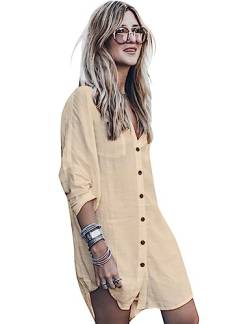 UMIPUBO Damen Blusen V-Ausschnitt, 3/4 Ärmel Kurzarm Bluse, Knopfleiste Oberteile, Einfarbig Tunika Longshirt Hemd T-Shirt Freizeit Elegant Sommer Frühling Herbst(Khaki) von UMIPUBO