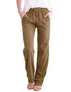 UMIPUBO Freizeithose Damen Sommer, Einfarbig Freizeit Hose Elastischer Bund mit Kordelzug, Elegant Baumwolle Leinenhose Jogginghose Mit Taschen (Dunkles Khaki,XXL) von UMIPUBO