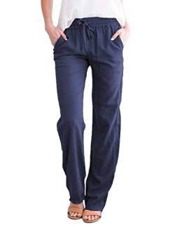 UMIPUBO Freizeithose Damen Sommer, Einfarbig Freizeit Hose Elastischer Bund mit Kordelzug, Elegant Baumwolle Leinenhose Jogginghose Mit Taschen (Navy Blau,XXL) von UMIPUBO