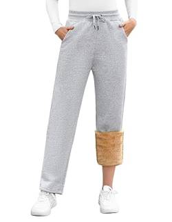 UMIPUBO Gefütterte Jogginghose Damen Warm Fleece Freizeithose Winter Thermo Fleecehose High Waist Sweathose mit 2 Taschen, Damenhose mit Gummizug(Hellgrau,M) von UMIPUBO