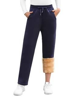 UMIPUBO Gefütterte Jogginghose Damen Warm Fleece Freizeithose Winter Thermo Fleecehose High Waist Sweathose mit 2 Taschen, Damenhose mit Gummizug(Marine,XL) von UMIPUBO