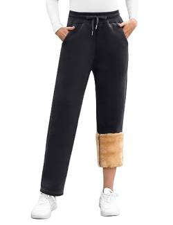 UMIPUBO Gefütterte Jogginghose Damen Warm Fleece Freizeithose Winter Thermo Fleecehose High Waist Sweathose mit 2 Taschen, Damenhose mit Gummizug(Schwarz,L) von UMIPUBO