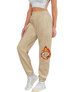 UMIPUBO Jogginghose Damen Baumwolle Lang, Warme Sweatpants Fleece Freizeithose Jogger Hose High Waist mit Taschen, Basic Modische Laufhosen (Khaki, S) von UMIPUBO