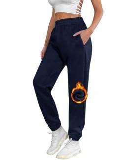 UMIPUBO Jogginghose Damen Baumwolle Lang, Warme Sweatpants Fleece Freizeithose Jogger Hose High Waist mit Taschen, Basic Modische Laufhosen (Marineblau, M) von UMIPUBO