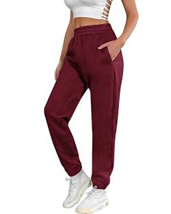 UMIPUBO Jogginghose Damen Baumwolle Lang, Warme Sweatpants Fleece Freizeithose Jogger Hose High Waist mit Taschen, Basic Modische Laufhosen (Rot, S) von UMIPUBO