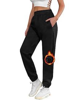 UMIPUBO Jogginghose Damen Baumwolle Lang, Warme Sweatpants Fleece Freizeithose Jogger Hose High Waist mit Taschen, Basic Modische Laufhosen (Schwarz, S) von UMIPUBO