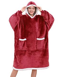 UMIPUBO Oversized Hoodie Decke Sweatshirt Blanket TV Decke Kapuzenpullover Kombination aus Flausch-Pullover und Kuscheldecke mit Großer Fronttasche für Männer Frauen (Rot) von UMIPUBO