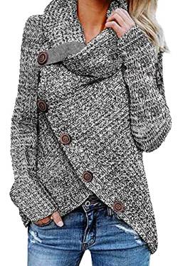 UMIPUBO Pullover Damen Lose Rollkragenpullover Langarm Strickpullover Winter Warm Pullover Asymmetrische Pullover mit Knöpfen S-XL(Grau,XL) von UMIPUBO