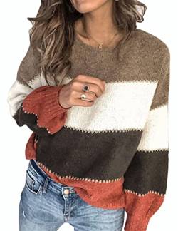 UMIPUBO Pullover für Damen Casual Stricken Sweater Lange Ärmel Lose Pulloveroberteil Farbblock Gestrickt Sweatshirt Herbst Winter Outwear für Frauen Rundhals Pullover (Khaki,S) von UMIPUBO