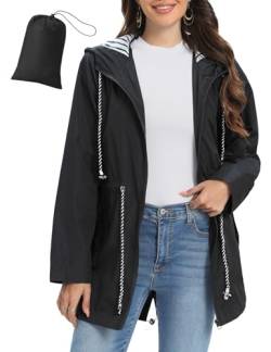 UMIPUBO Regenjacke Damen Wasserdicht Atmungsaktiv Dünne Leichte Outdoorjacke Regenmantel mit Kapuze Faltbar Wanderjacke Fahrradjacke(Schwarz,M) von UMIPUBO