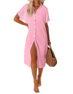 UMIPUBO Strandkleid Damen Lang Badeanzug Bikini Cover Up Strandtunika V-Ausschnitt Kurzarm Sommerkleid Beachwear Strandmode(Rosa,L) von UMIPUBO